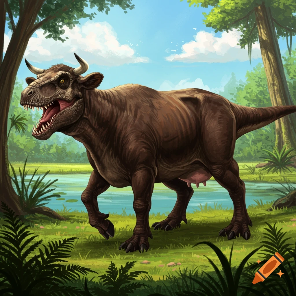 A dinosaur cow walking through a swampy prehistoric landscape.