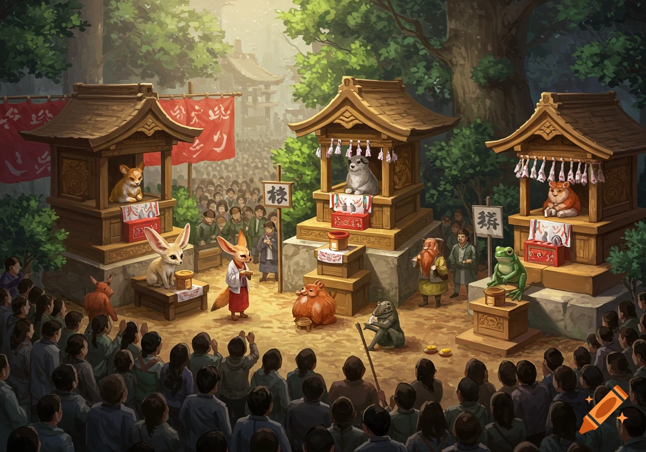 A crowd of people and fantasy creatures attend a ceremony where different small animals are in tiny shrines.