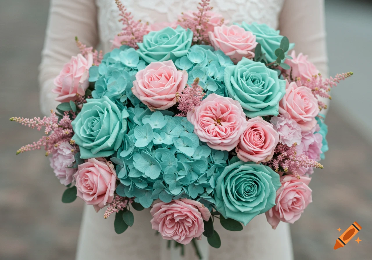 A bouquet of pink and teal roses and hydrangeas held by a person.