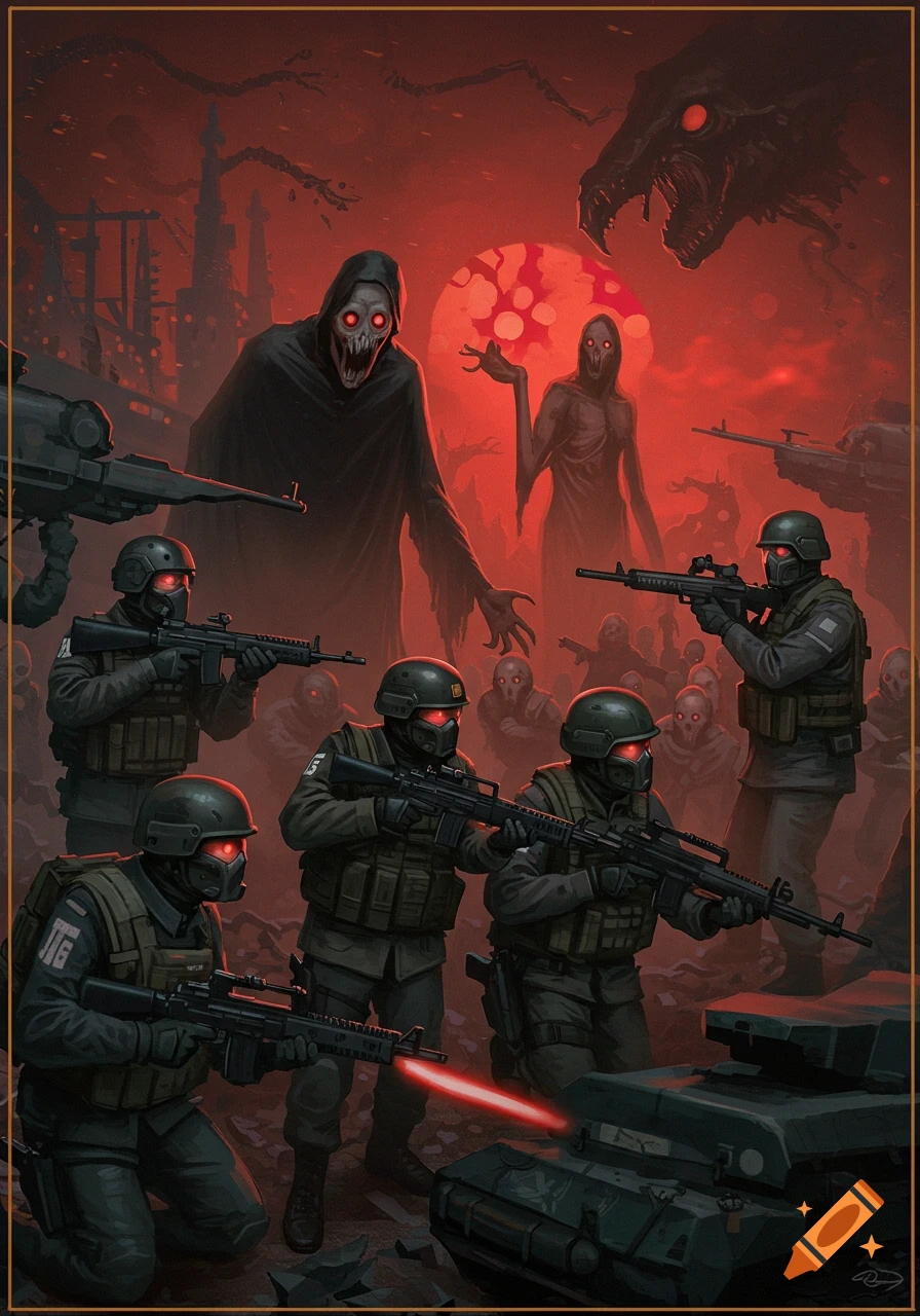 Soldiers fighting monstrous creatures under a red sky.