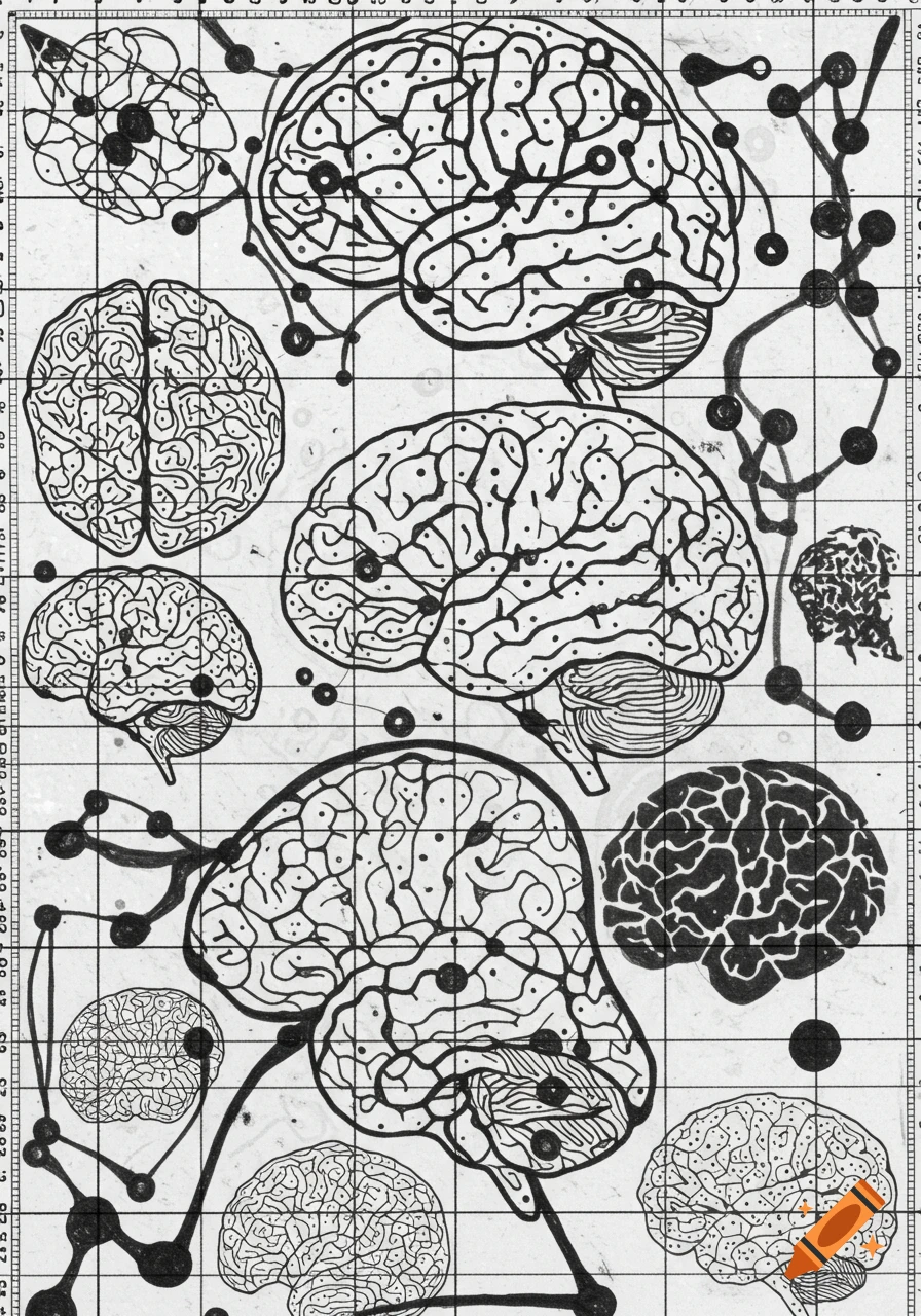 Black and white drawing of multiple brains and neural connections on a grid background.