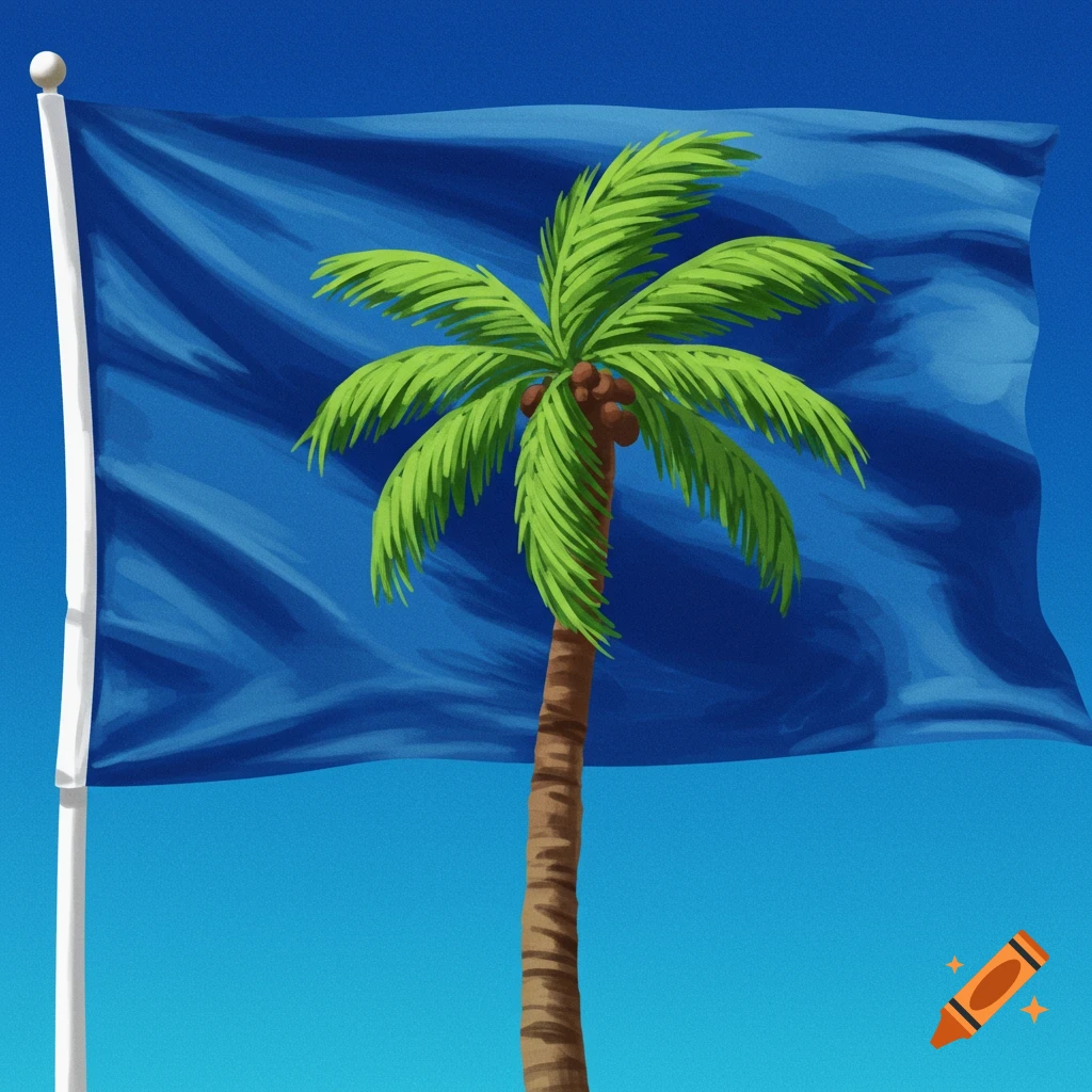 Illustration of a blue flag with a green palm tree on it against a blue sky.