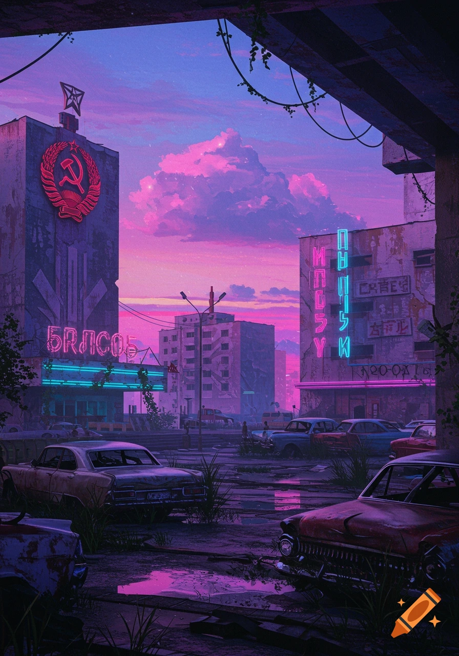A synthwave-style image of an abandoned Soviet town at sunset with old cars and neon signs.
