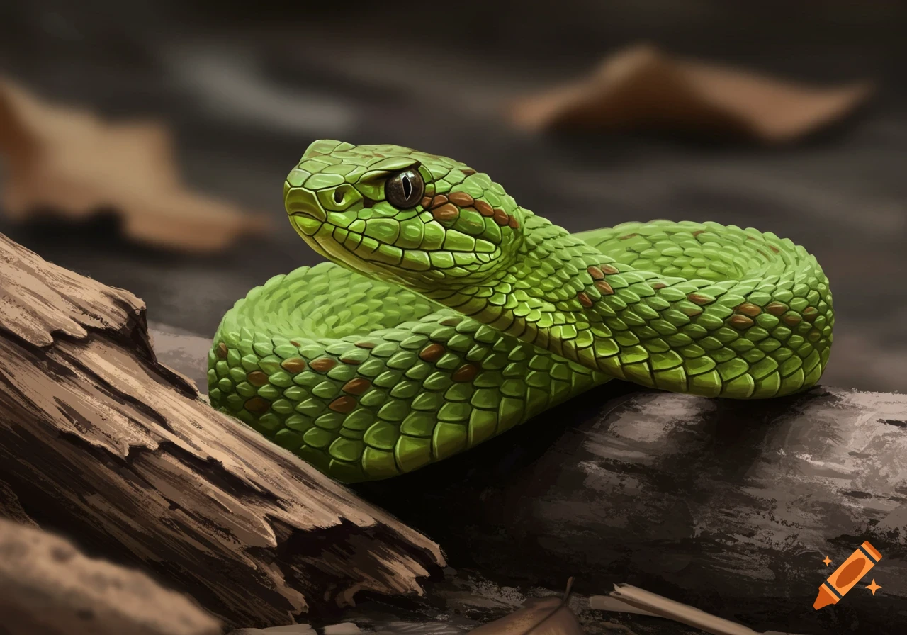 A green snake is coiled on a log in a forest.