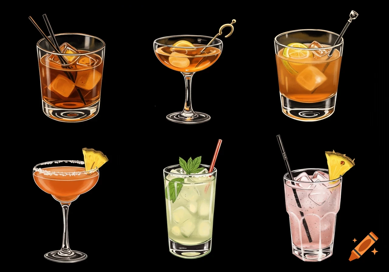 Six illustrations of different cocktails on a black background.