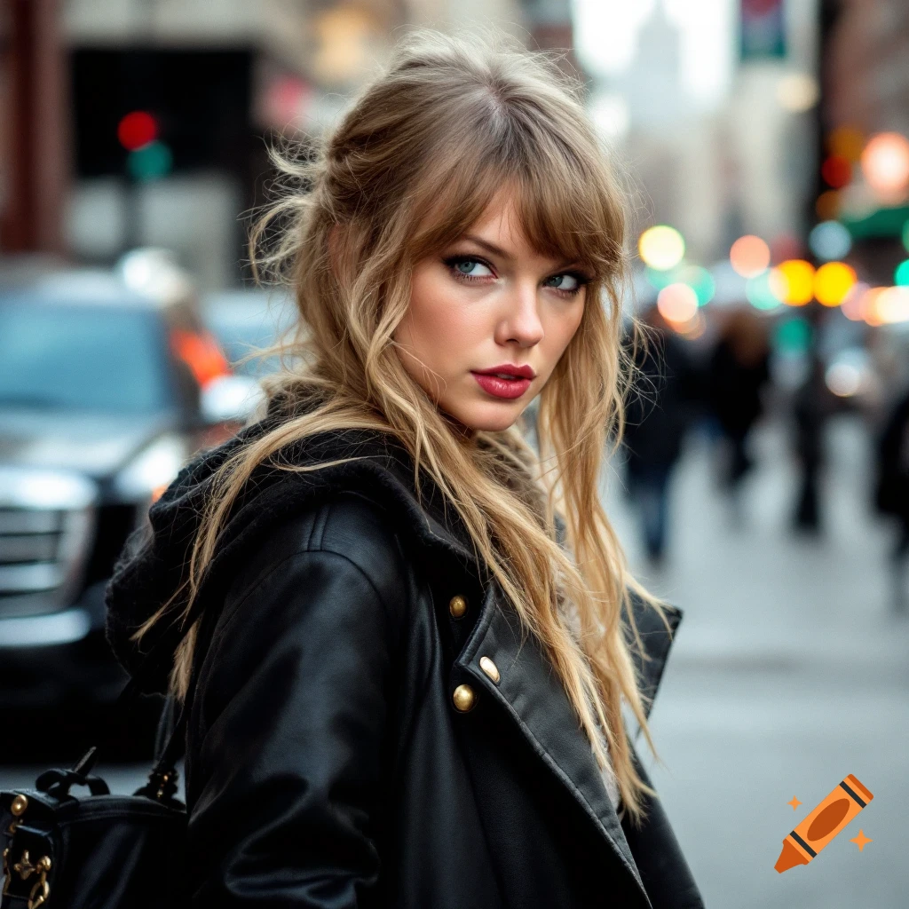 Close-up portrait of a woman with blonde hair in a black leather jacket on a blurry city street.