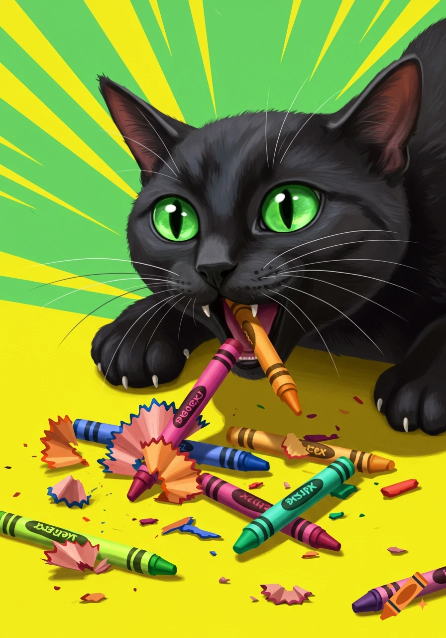 A black cat is eating colorful crayons.
