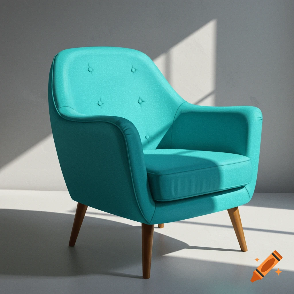A turquoise armchair sits in sunlight.
