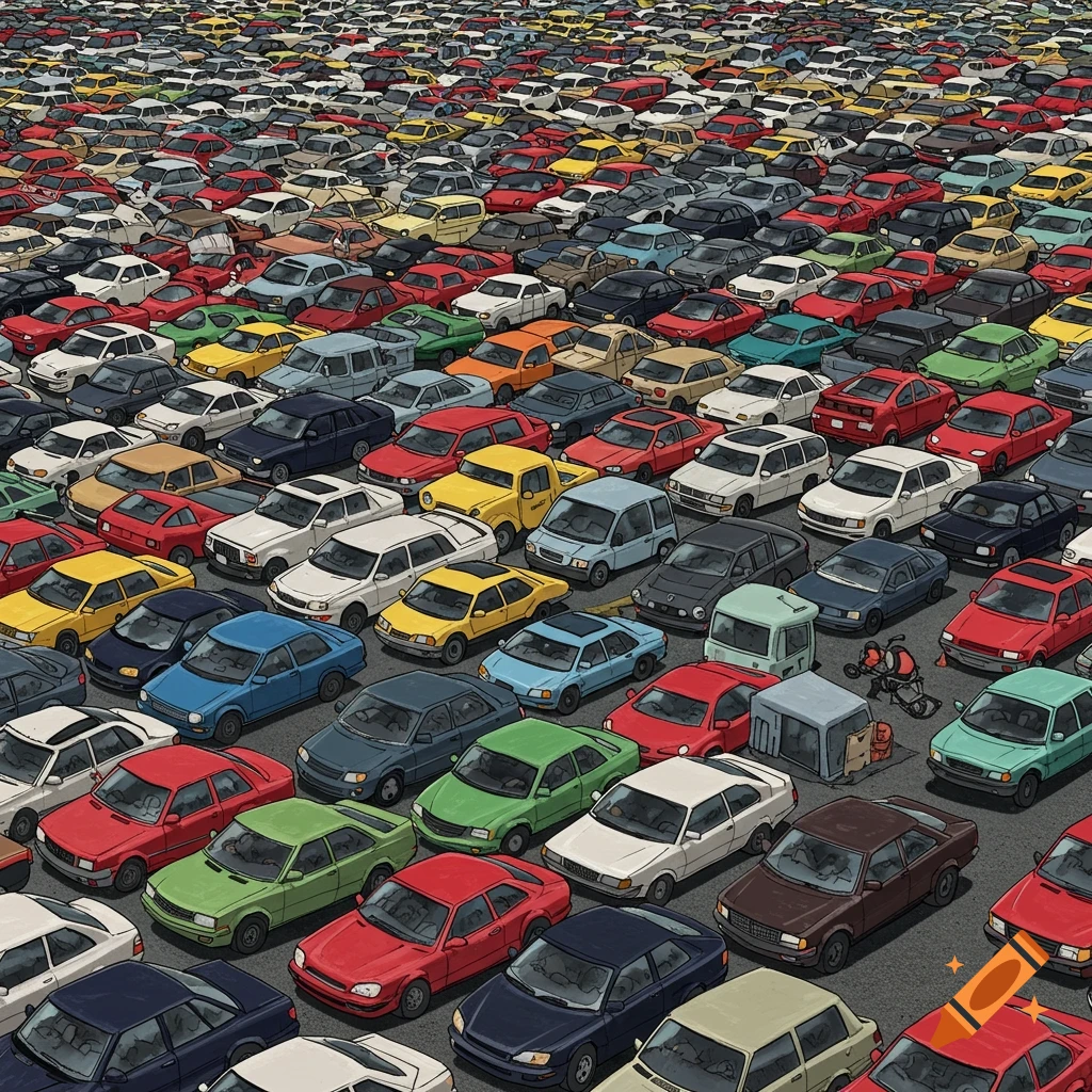 Vast parking lot filled with countless colorful cars.