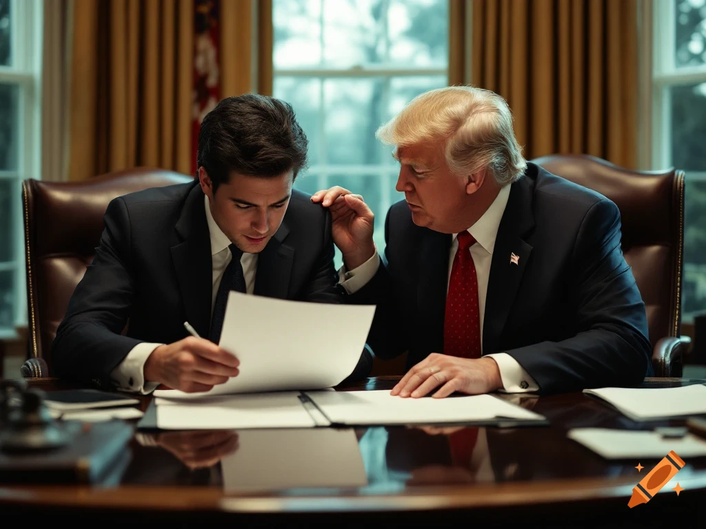 Two men in suits reviewing and signing documents in an office setting.