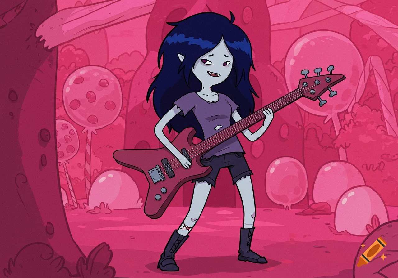 Cartoon image of Marceline from Adventure Time playing a bass guitar in a pink forest.