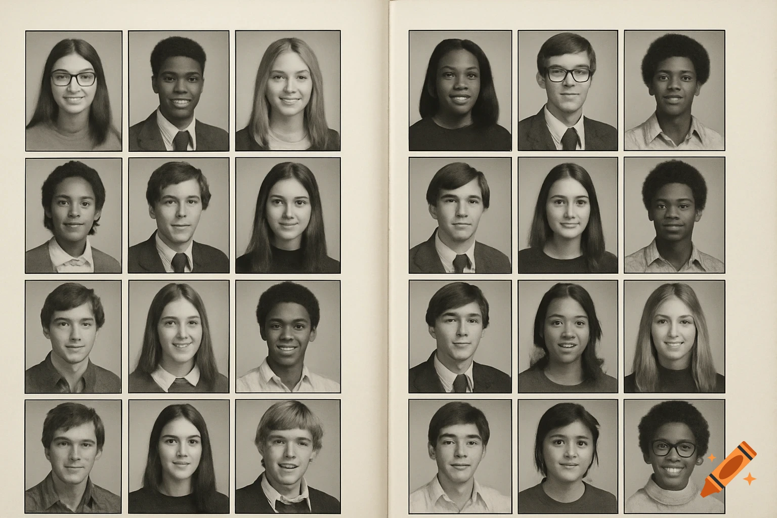 A vintage yearbook spread featuring portraits of multiple students