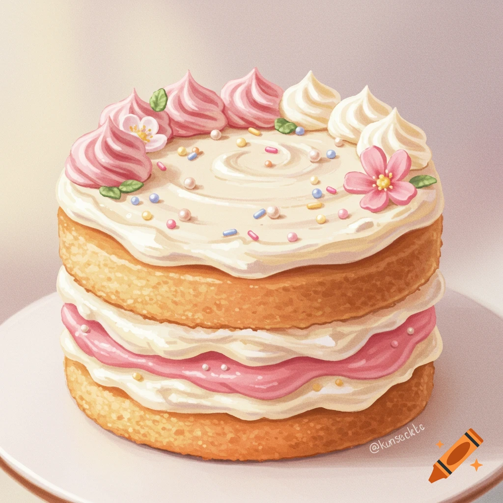 A layered cake with pink and white frosting and sprinkles