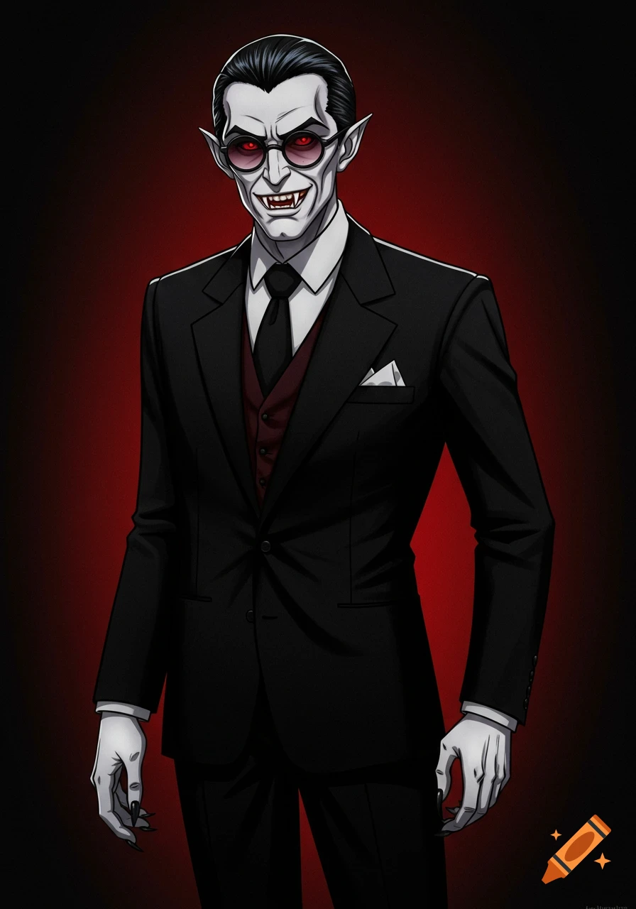 Anime style portrait of a vampire in a black suit and sunglasses, showing fangs.