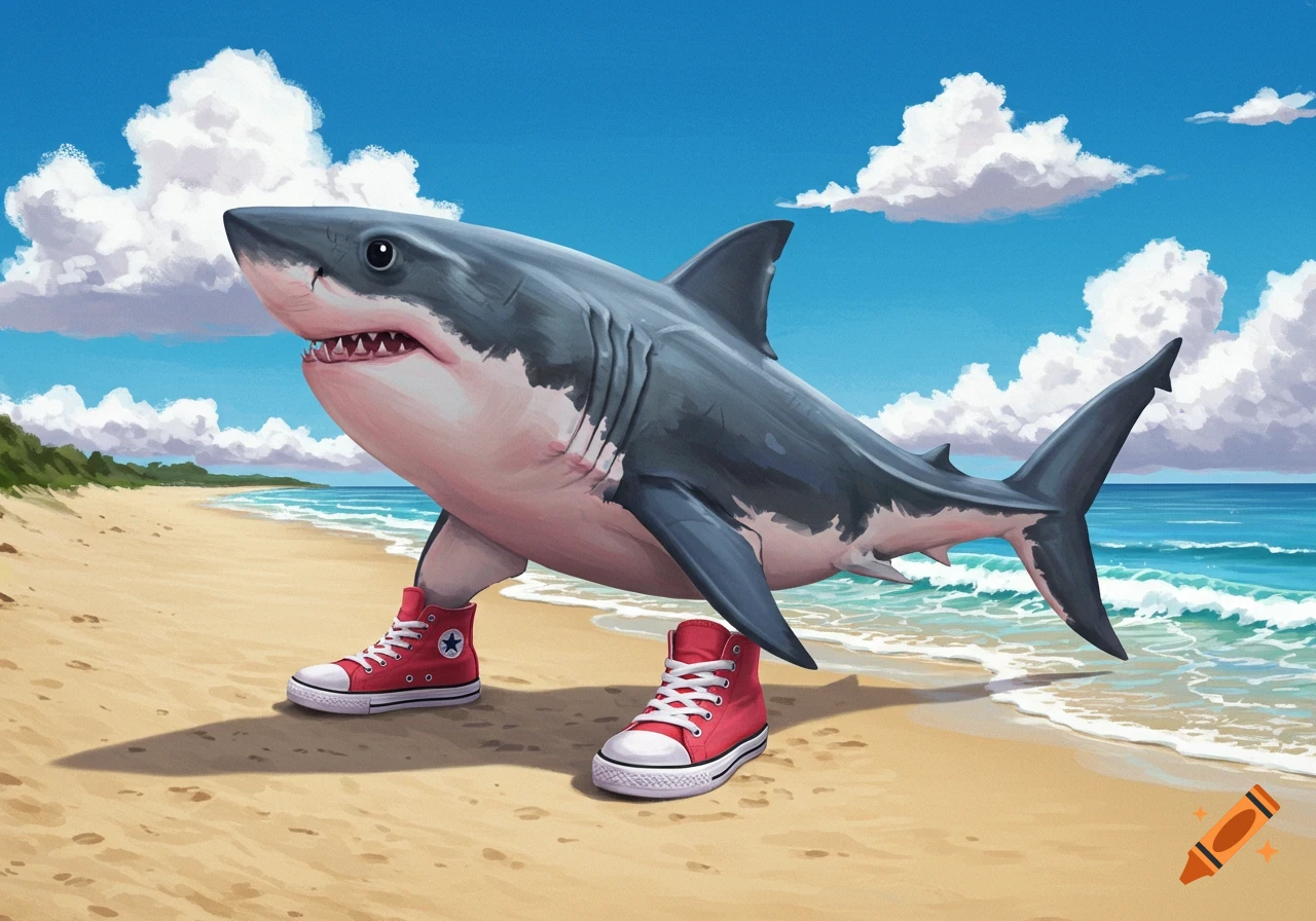 A shark wearing red sneakers standing on a beach.