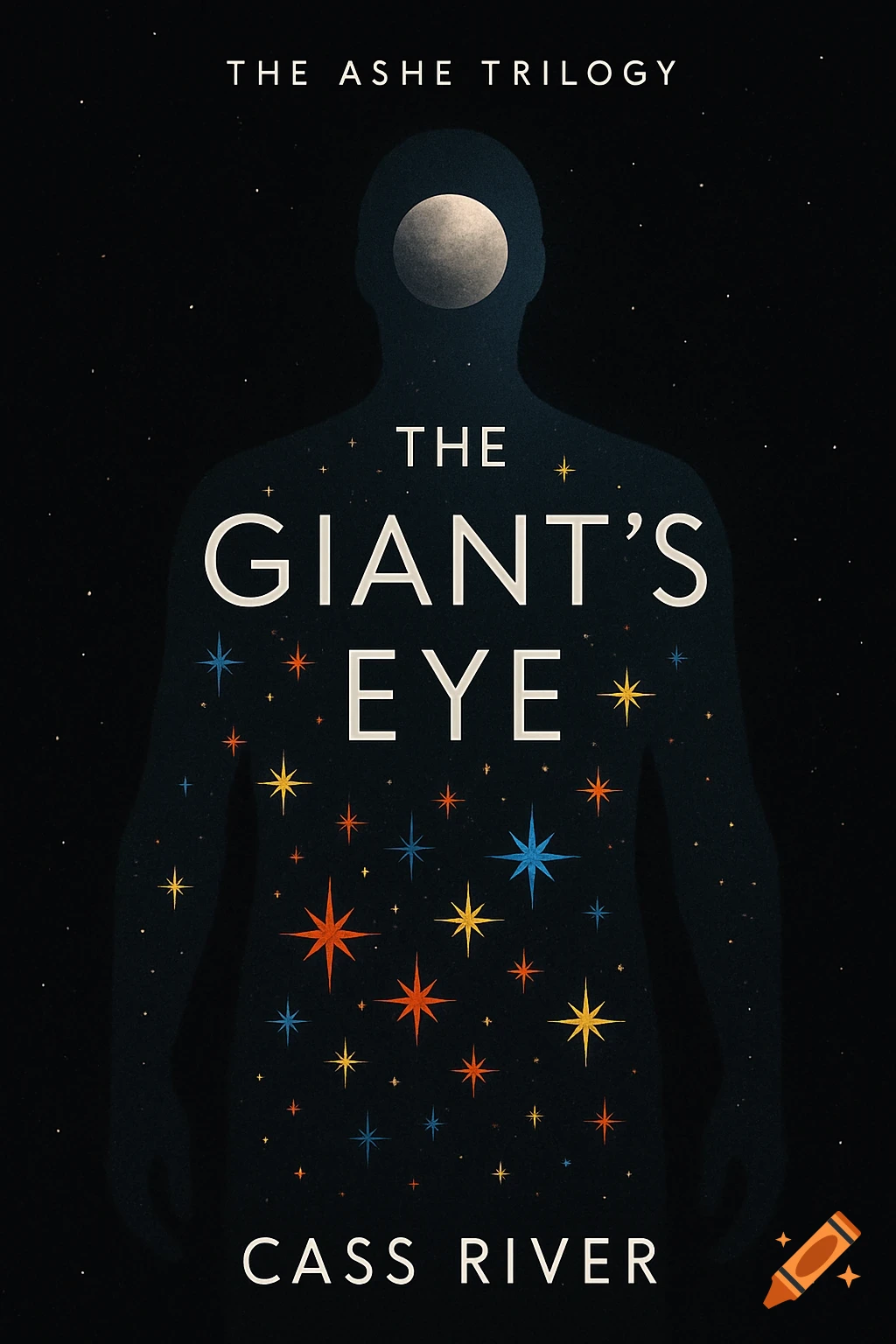 Book cover with a starry silhouette and moon eye on a dark background.