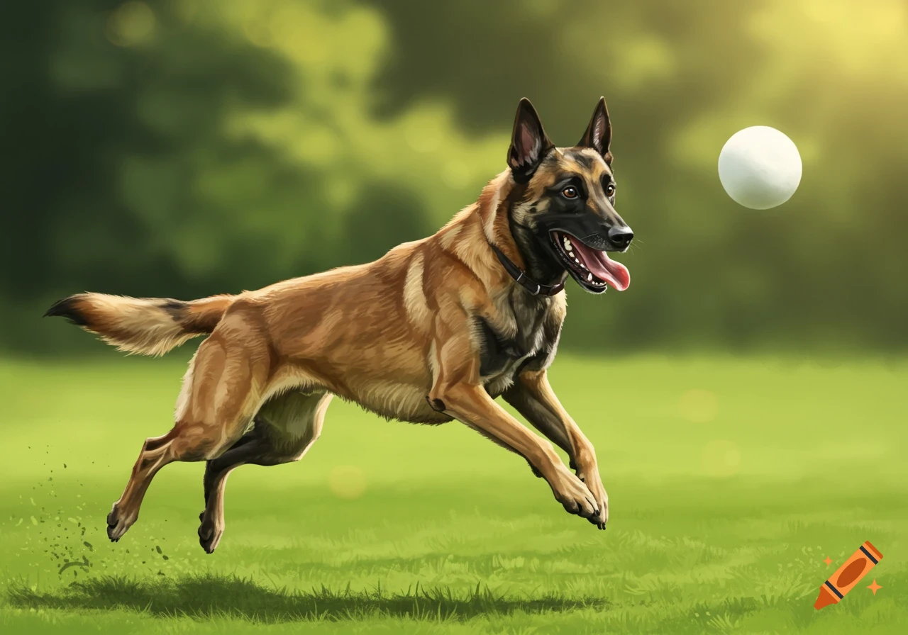 A Belgian Malinois dog is captured mid-air, leaping towards a white ball in a vibrant green field.