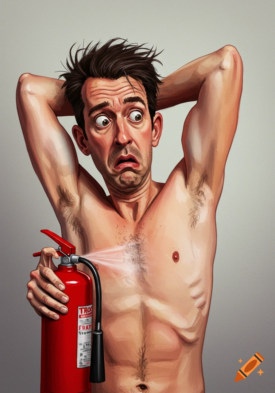 Scared shirtless man sprays fire extinguisher on his armpit, digital painting.