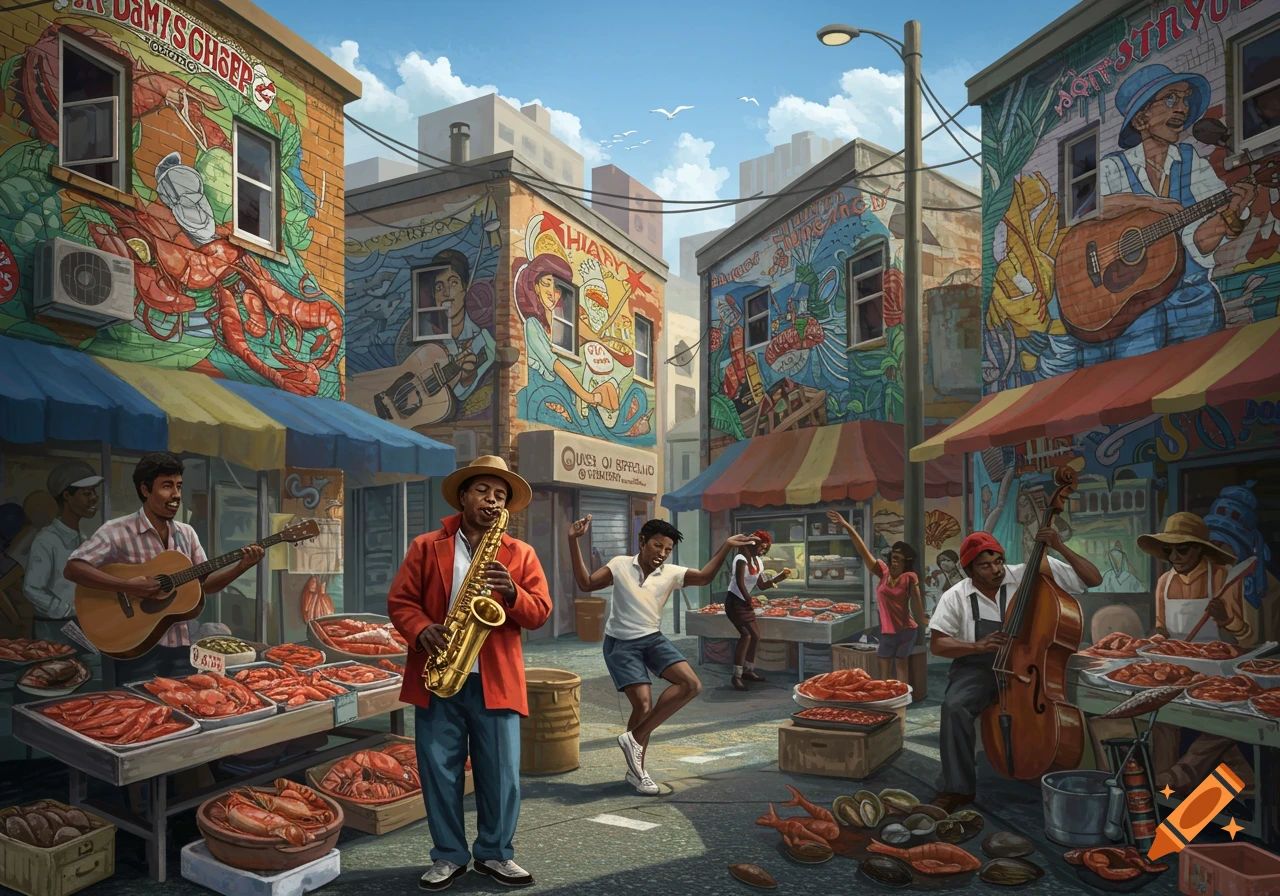 A vibrant street scene with musicians playing, people at seafood stalls, and buildings covered in colorful murals.