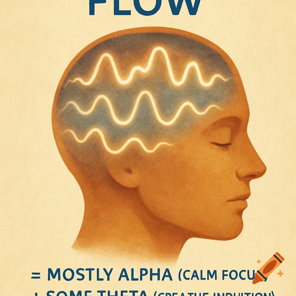 Digital painting of a head in profile with glowing brain waves, text explaining 'Flow' state.