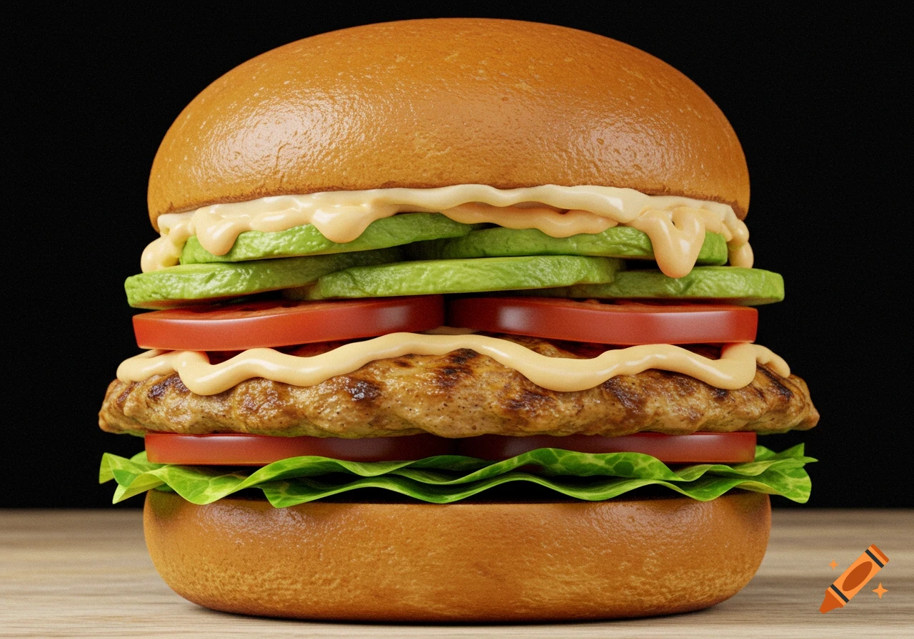 A close-up, photorealistic burger layered with lettuce, tomato, chicken patty, sauce, avocado, and bun.
