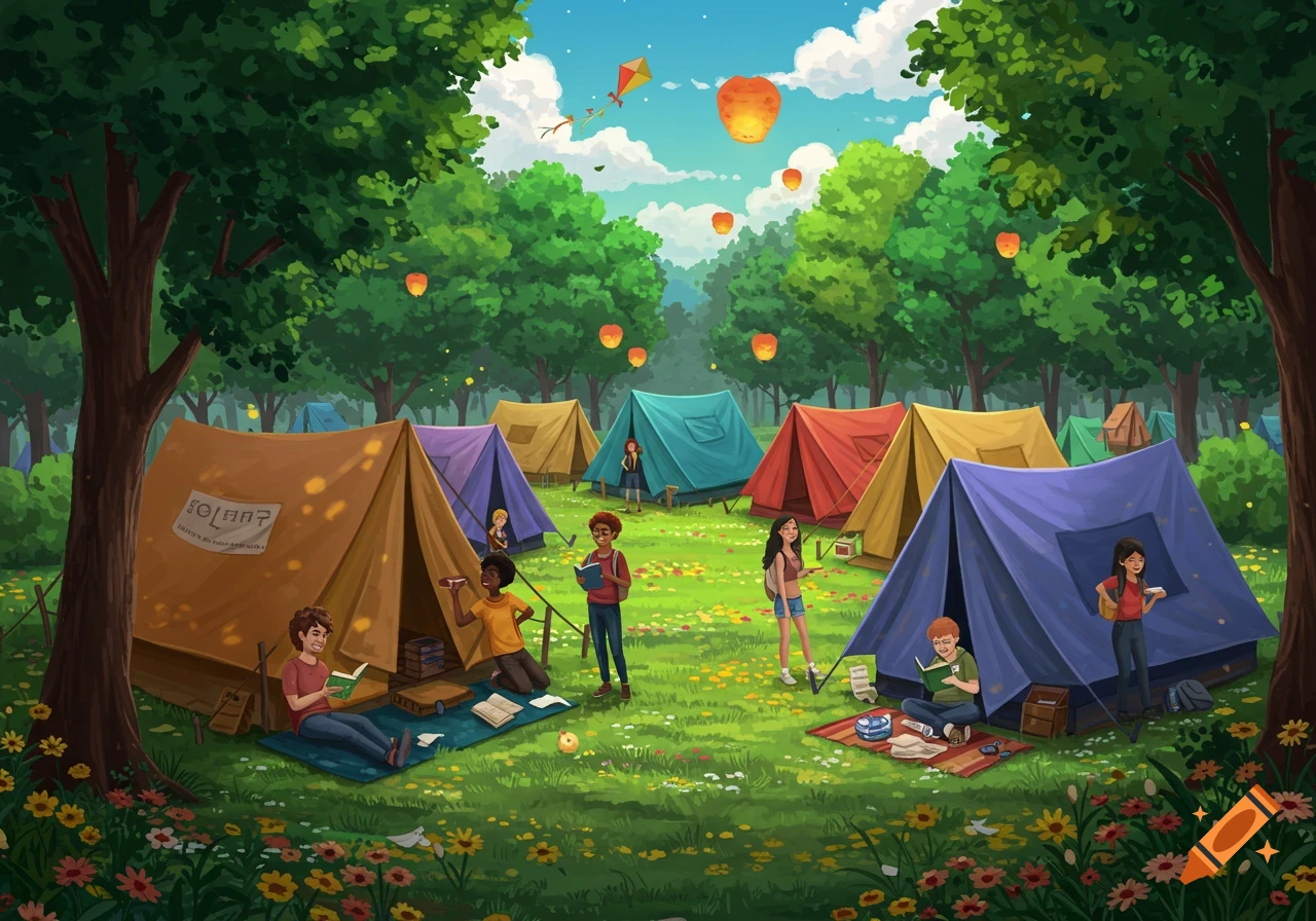 Young people read books at a colorful campsite under a sky with lanterns and a kite in a stylized illustration.