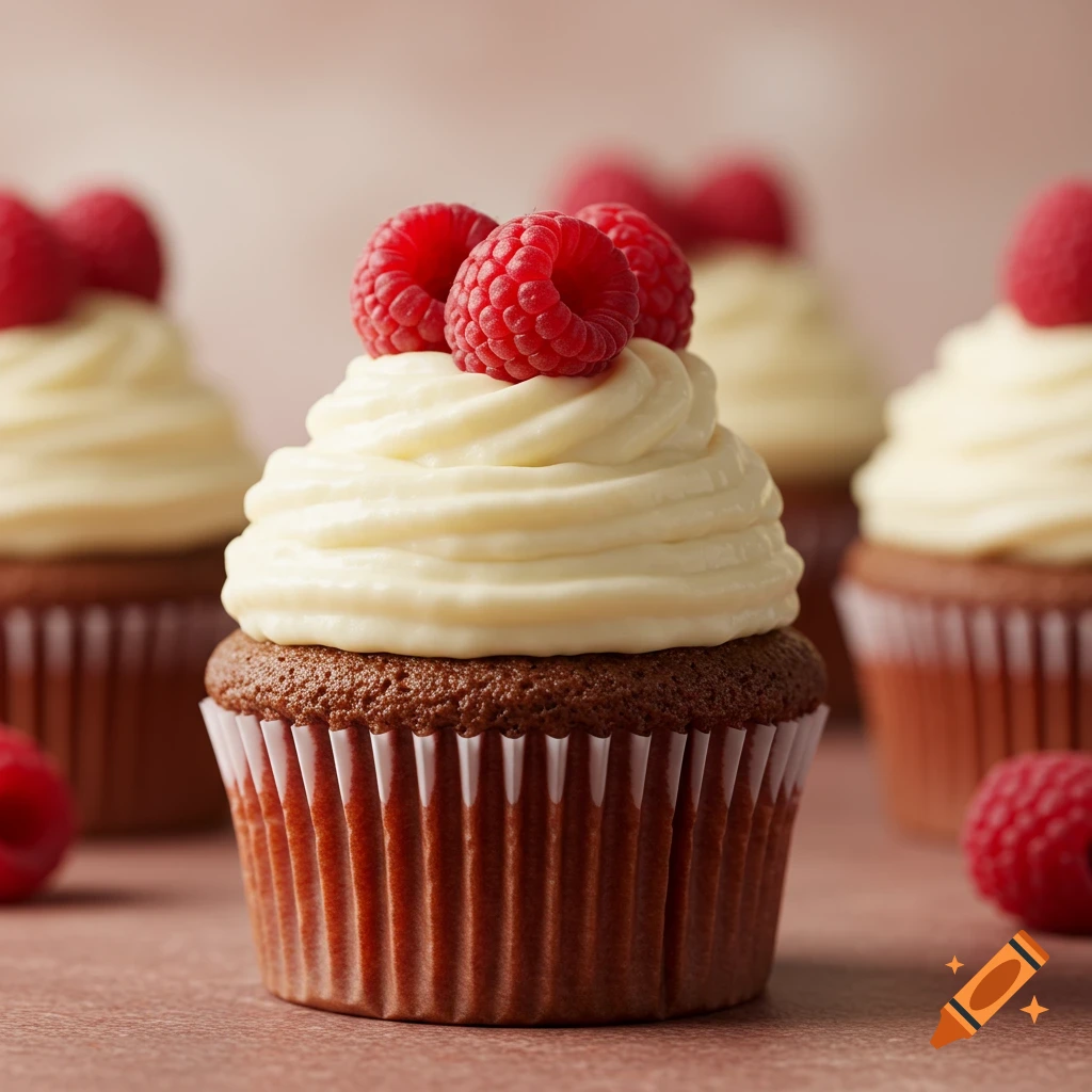 Closeup photo of chocolate cupcakes topped with white frosting and raspberries