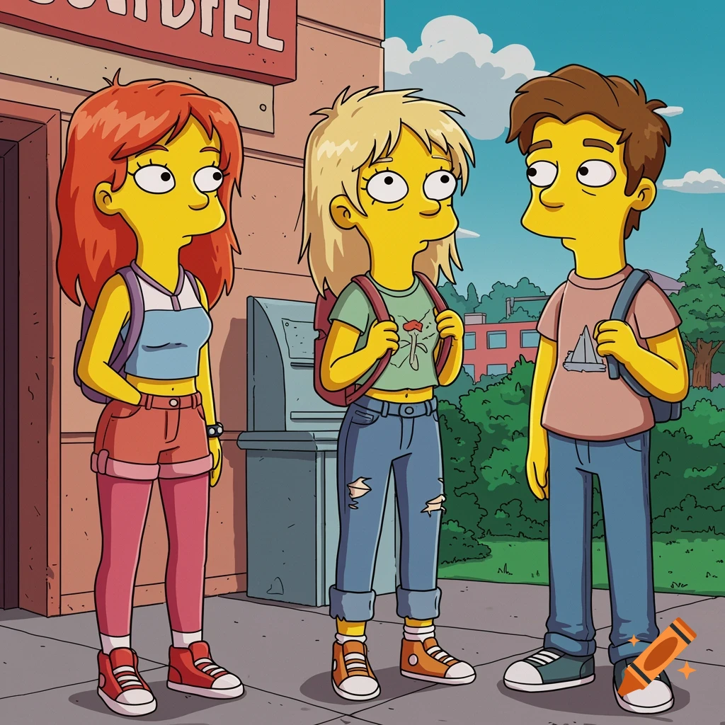 Three teenagers standing on a street in The Simpsons style.
