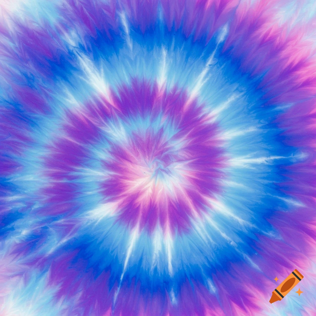 Blue, purple, pink, and white tie-dye pattern radiating outwards