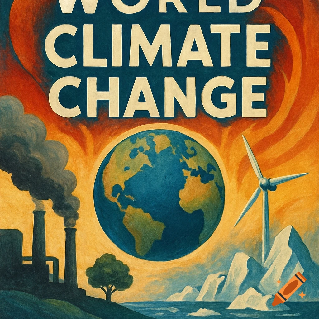 Poster about climate change, showing factories, a globe, tree, wind turbine, and icebergs.