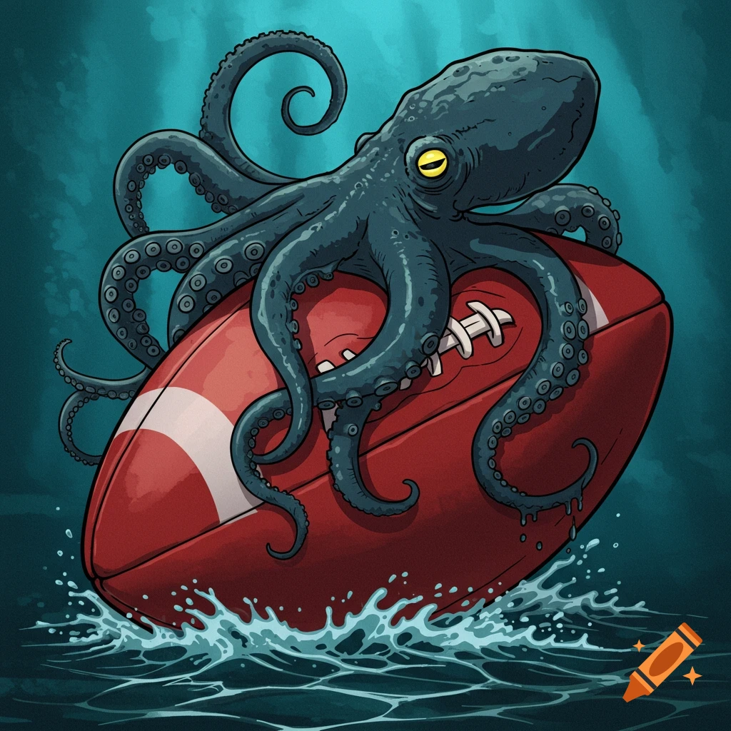 A digital painting of a kraken holding a red rugby ball in the water.