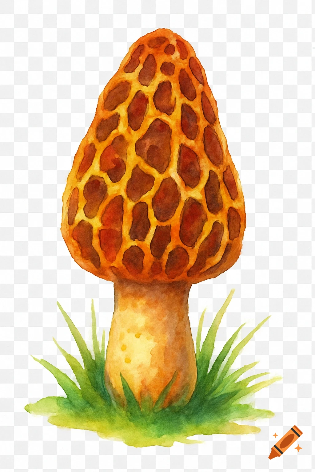 Watercolor illustration of a morel mushroom growing in green grass.