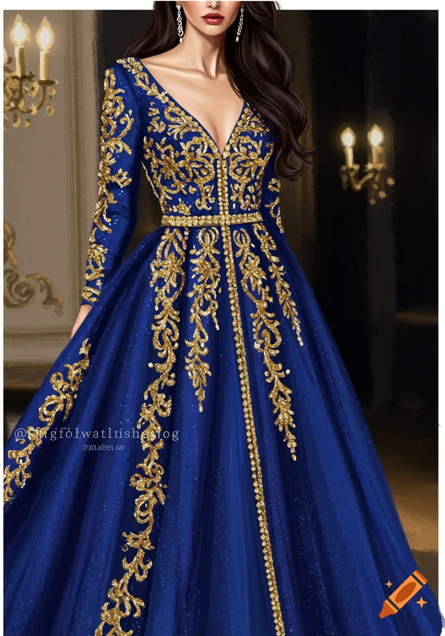 Digital illustration of a woman in a royal blue and gold ornate long dress