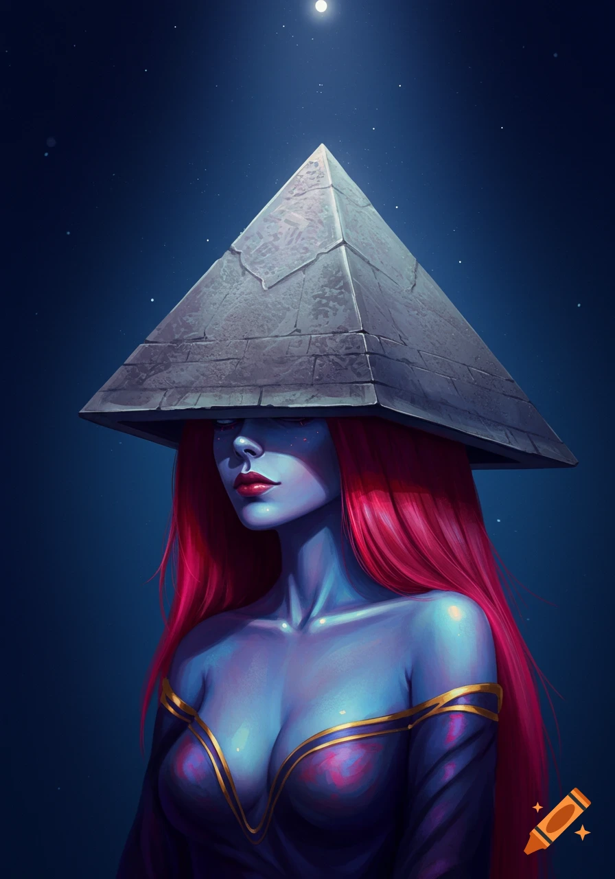 Fantasy portrait of a blue-skinned woman with pink hair wearing a low-cut dress, topped with a stone pyramid head under a starry sky.