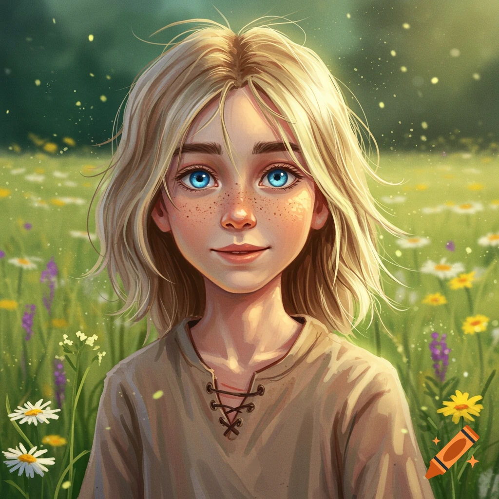 Artistic portrait of a blonde child with blue eyes and freckles in a field of flowers.