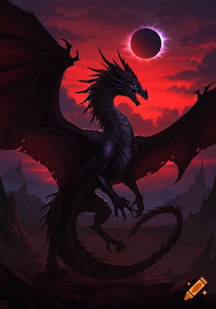 A black dragon stands under a red sky with a solar eclipse in a rocky landscape.