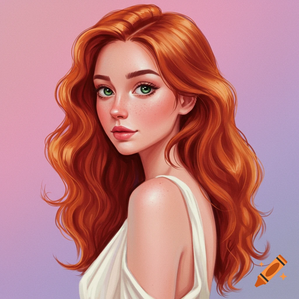 A young woman with long red hair and green eyes looks over her shoulder.