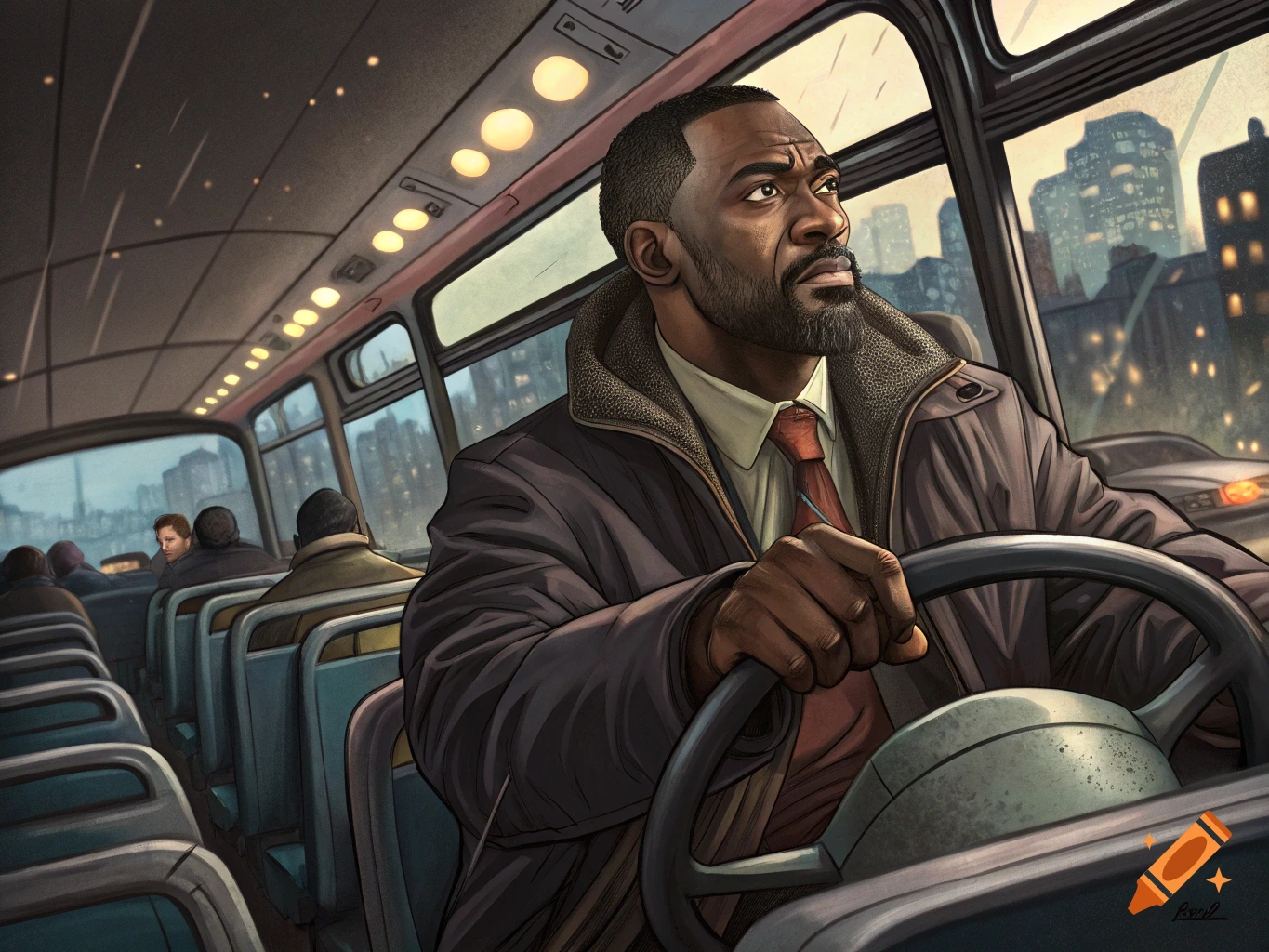 Digital illustration of a man resembling Idris Elba driving a bus.