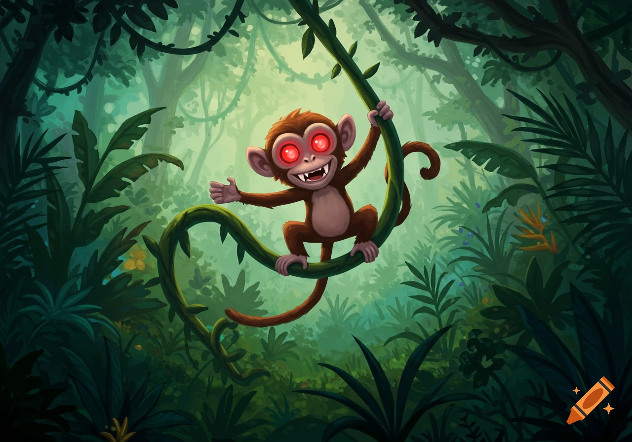 A cartoon monkey with red eyes swings on a vine in a lush green jungle.