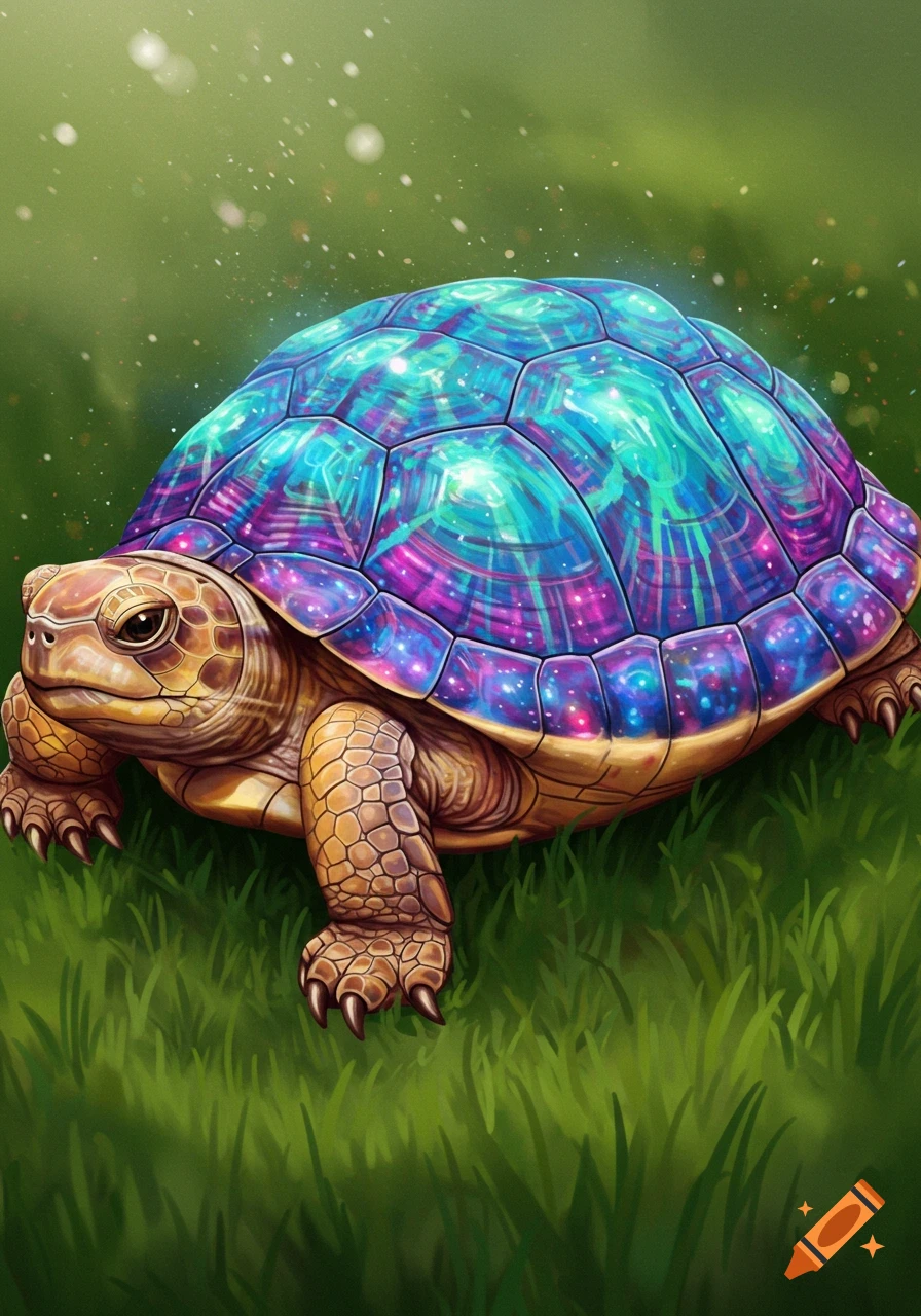 A vibrant illustration of a turtle with a galaxy-patterned shell standing on grass.