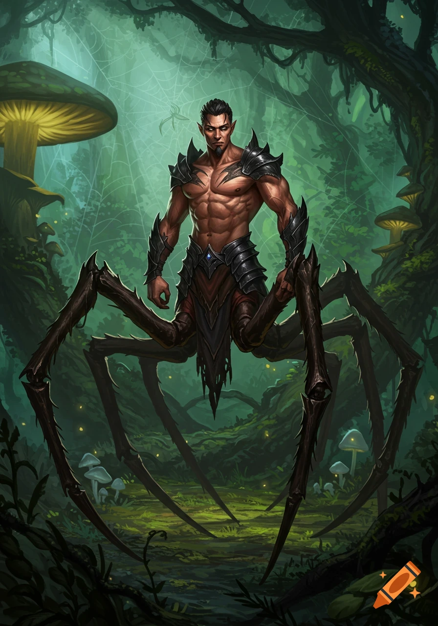 A drider (man-spider hybrid) stands in a fantasy forest.