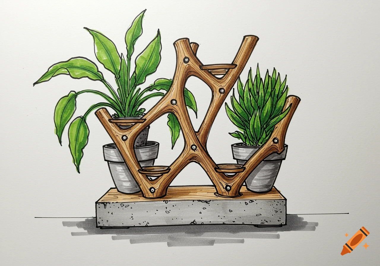 Marker sketch of a modular plant stand with plants on a concrete base