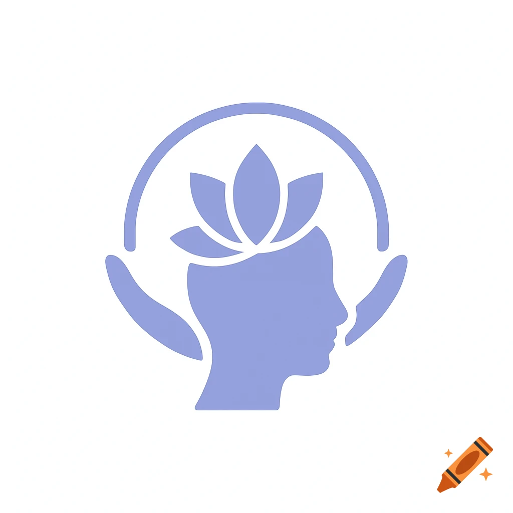 Minimalist logo of a silhouetted head with a lotus flower on top, embraced by curved shapes, in blue-purple on white.