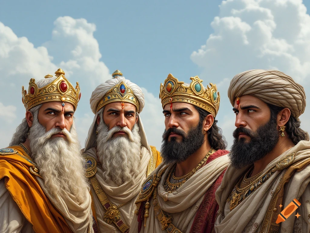 Realistic portrait of four kings wearing crowns and turbans with beards.