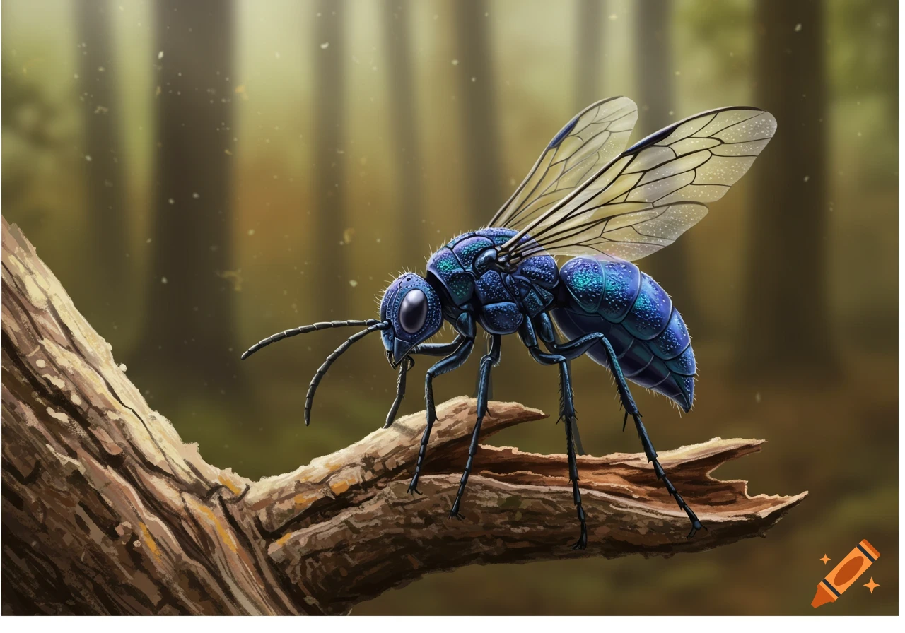 A blue wasp perched on a branch in a forest.