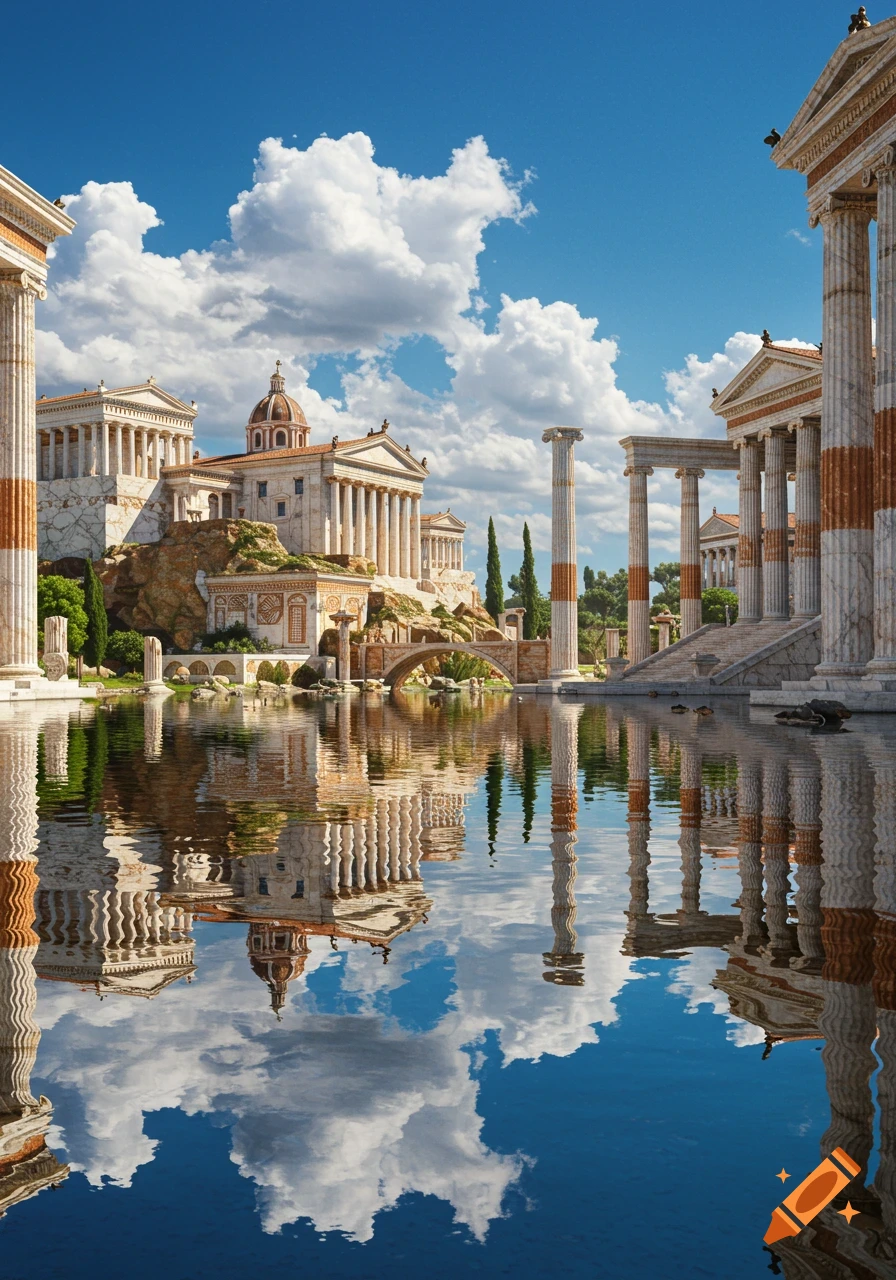 Roman buildings reflected in water under a cloudy sky.