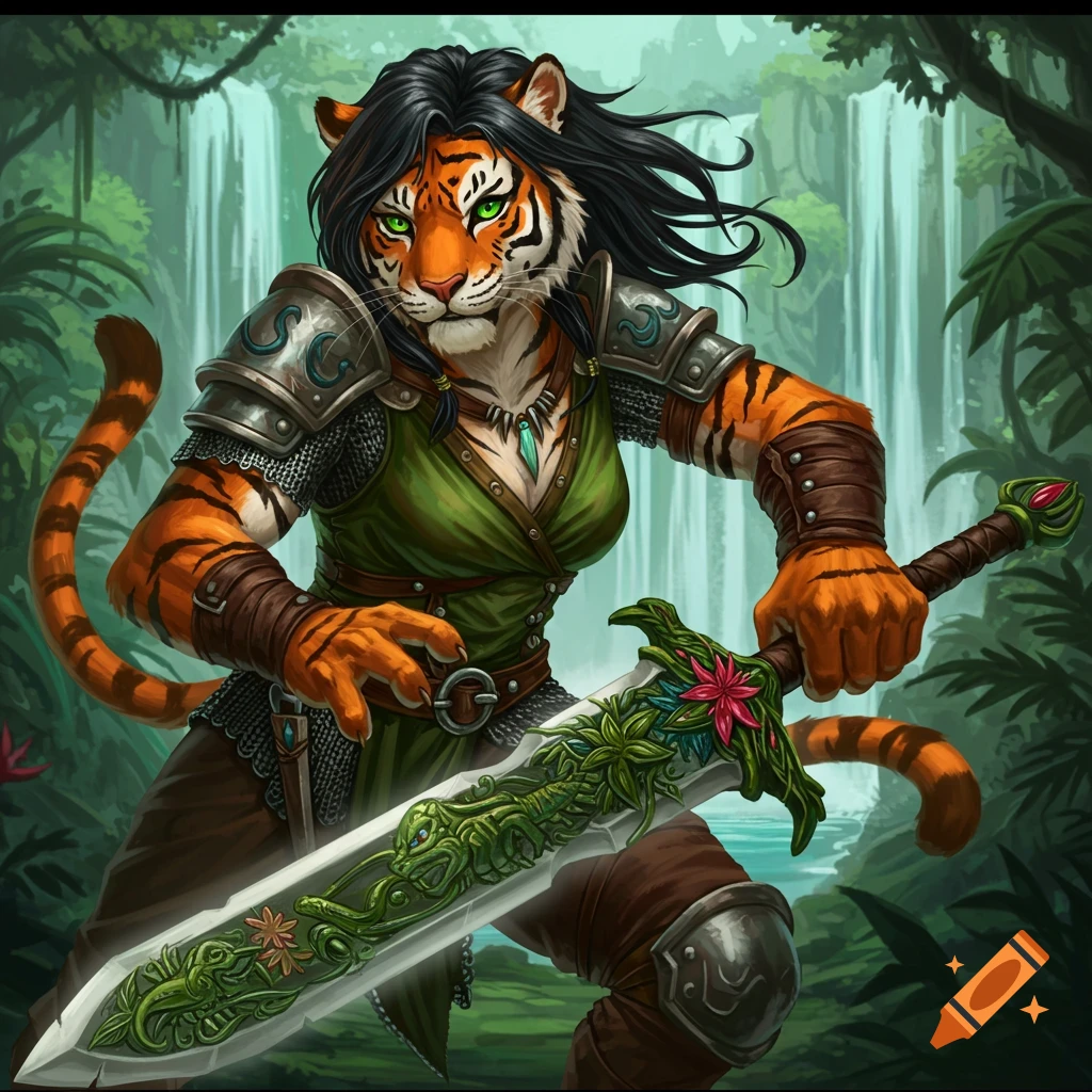 An anthropomorphic tiger warrior is holding an ornate sword in a jungle with a waterfall.