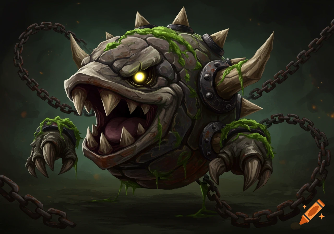 A rocky monster with a glowing eye, sharp teeth, covered in moss and chains.