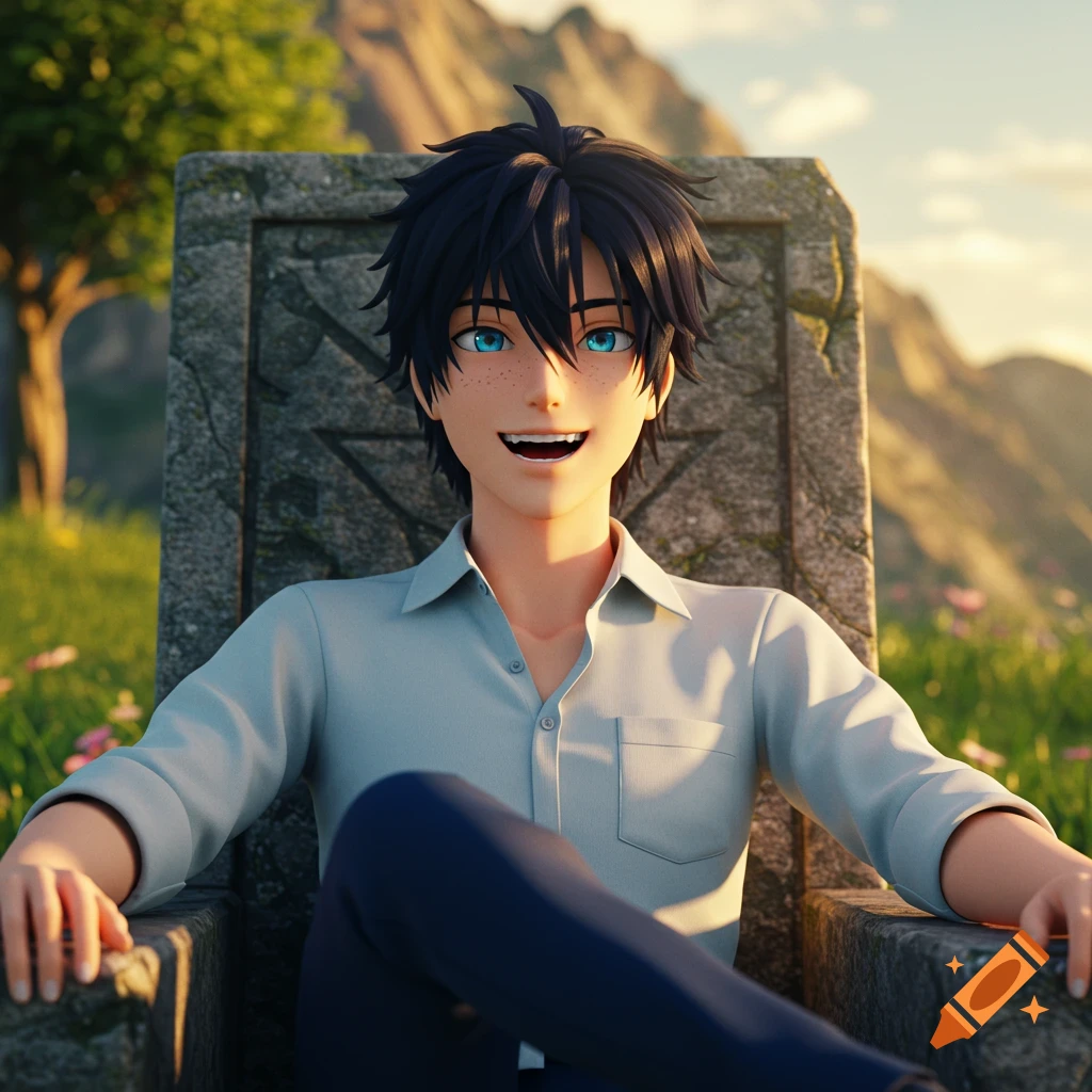 Anime character sitting on a stone chair outdoors in a field.
