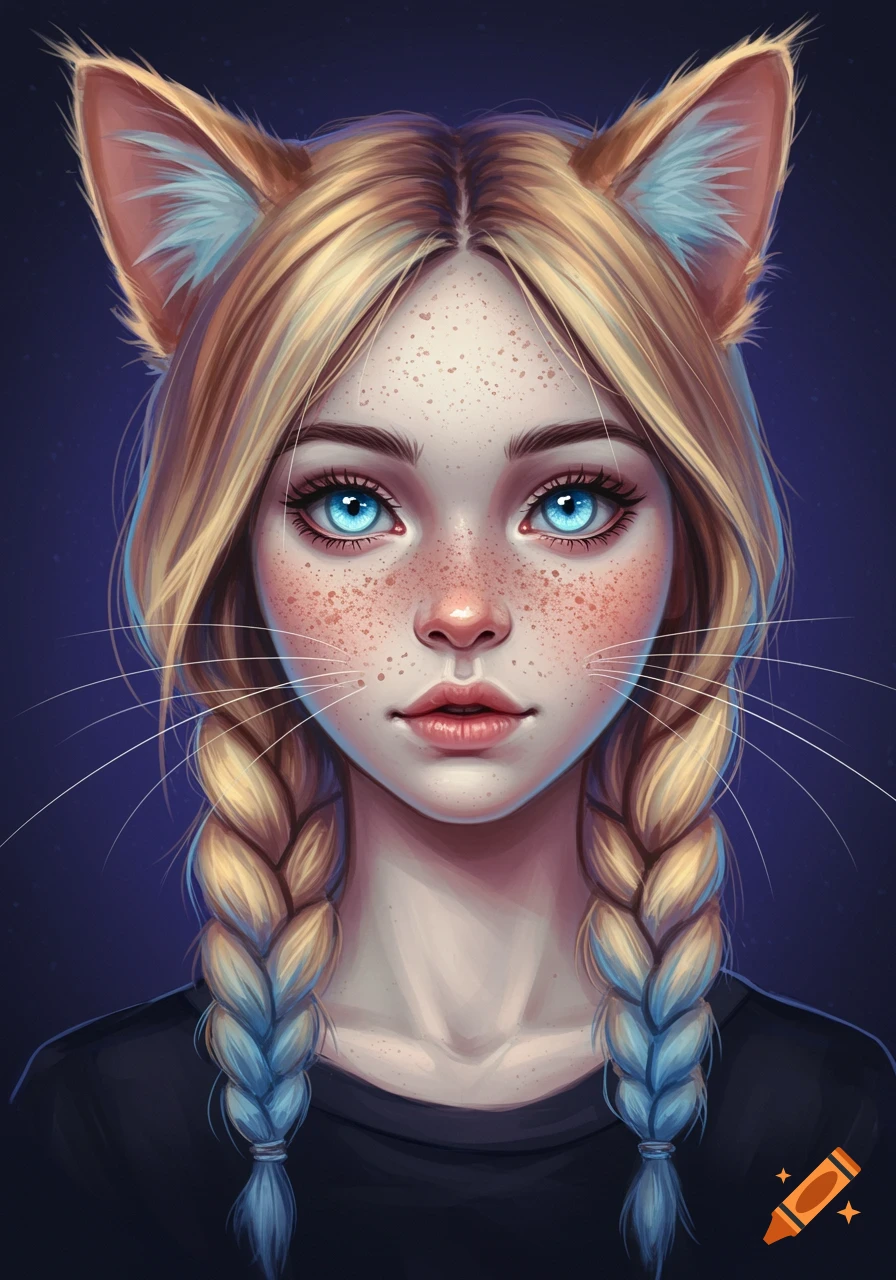 A young woman with cat ears, blonde braids, freckles, and bright blue eyes.